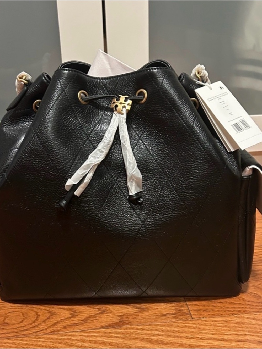 Tory Burch Black Leather Drawstring Bucket Bag - Small